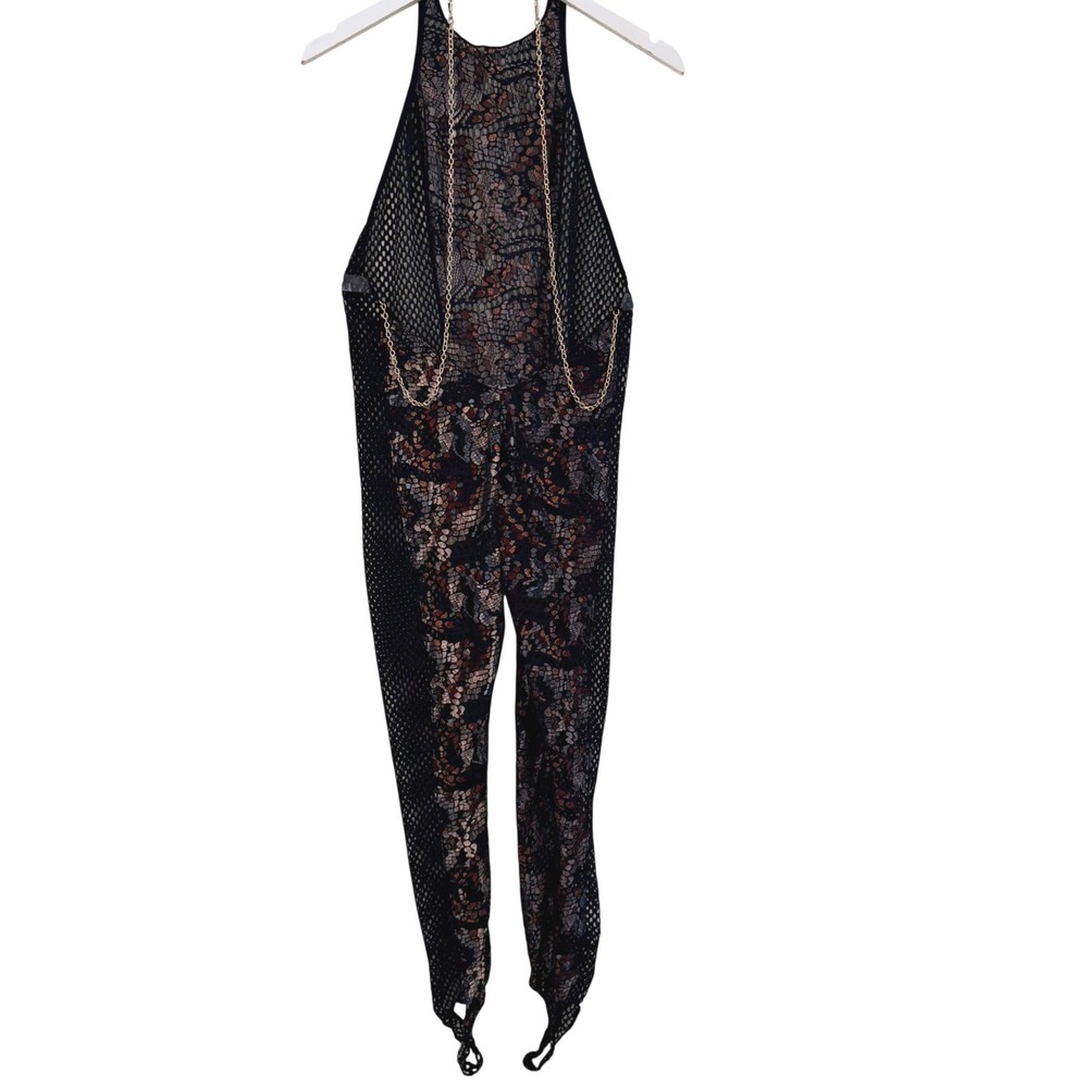 Savage X Fenty Womens Medium Black Lace Fishnet Catsuit Gold Chain Jumpsuit- M - Picture 3 of 16